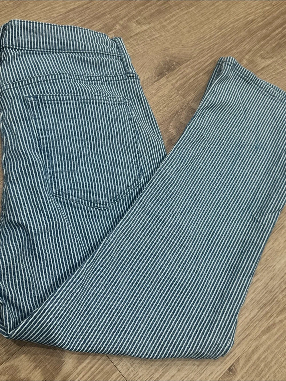 J.Crew High Rise Crop Flare Railroad Stripe Jeans Size 29 Blue White Denim